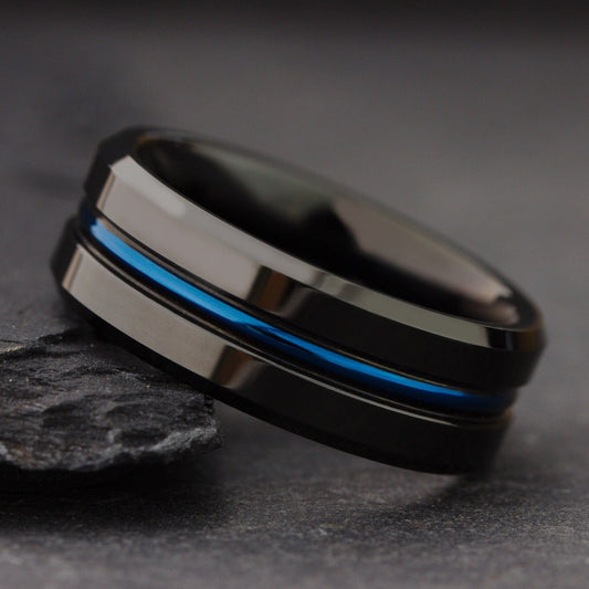 Matte Black & Electric Blue Grooved Band – Men Two Tone Ring