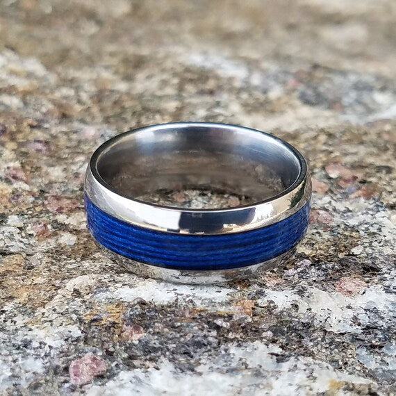 Men's Blue Carbon Fiber Inlay Ring– Polished Silver Luxury Ring