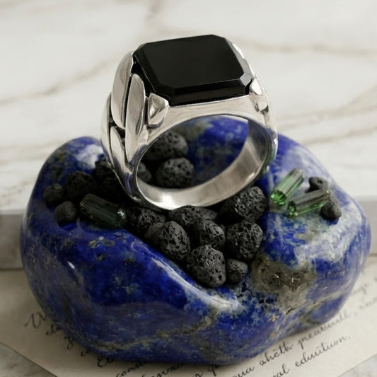 The Onyx Sovereign – Men’s Cuban Link Sterling Silver Signet Ring