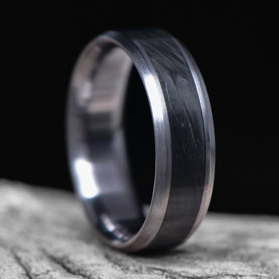 Stealth Black Carbon Fiber Inlay Ring – Brushed Silver Men's Statement Band