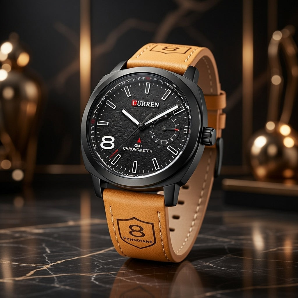 Curren Luxury Quartz Watch – Black Dial with Leather Strap