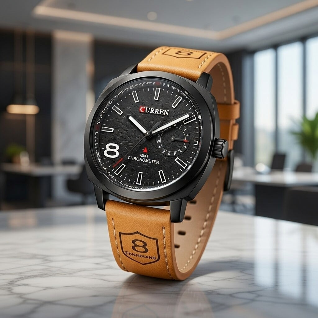 Curren Luxury Quartz Watch – Black Dial with Leather Strap