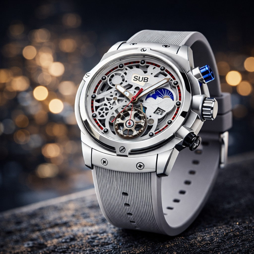 Luxury Skeleton Moonphase Men’s Watch – Stainless Steel Sports Edition