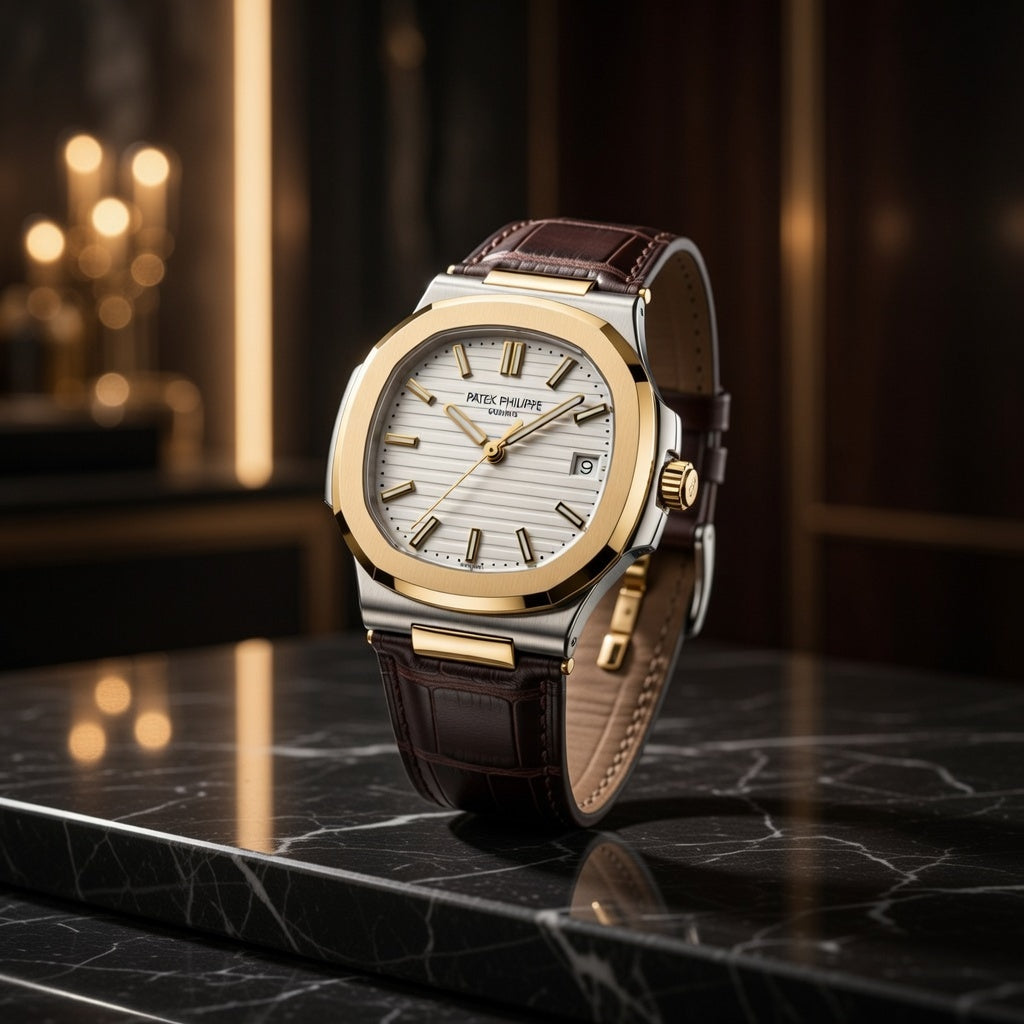 Patek Philippe Two-Tone Luxury Dress Watch with Brown Leather Strap