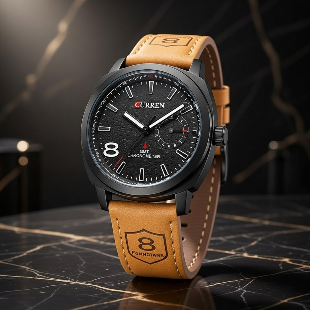 Curren Luxury Quartz Watch – Black Dial with Leather Strap
