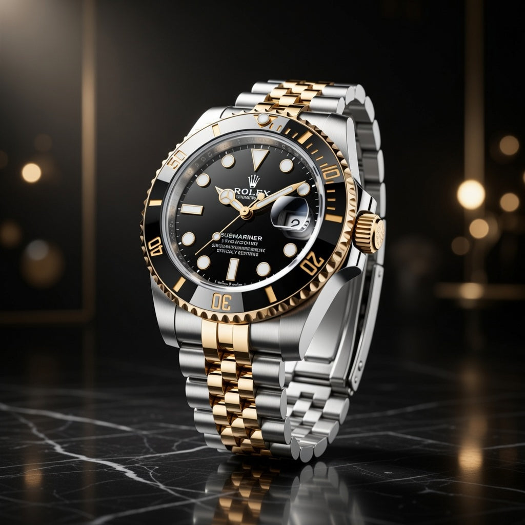 Luxury Two-Tone Automatic Dive Watch – Black Dial with Date Magnifier