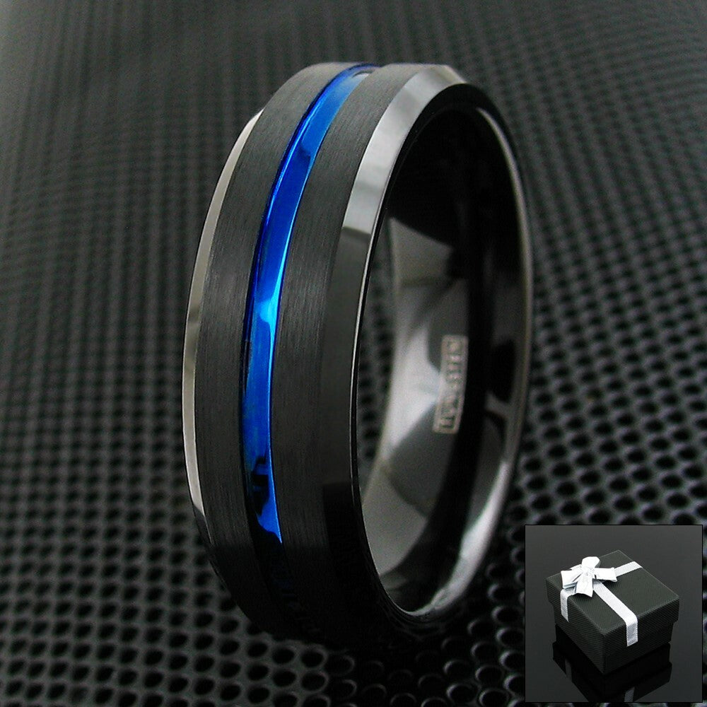 Matte Black & Electric Blue Grooved Band – Men Two Tone Ring
