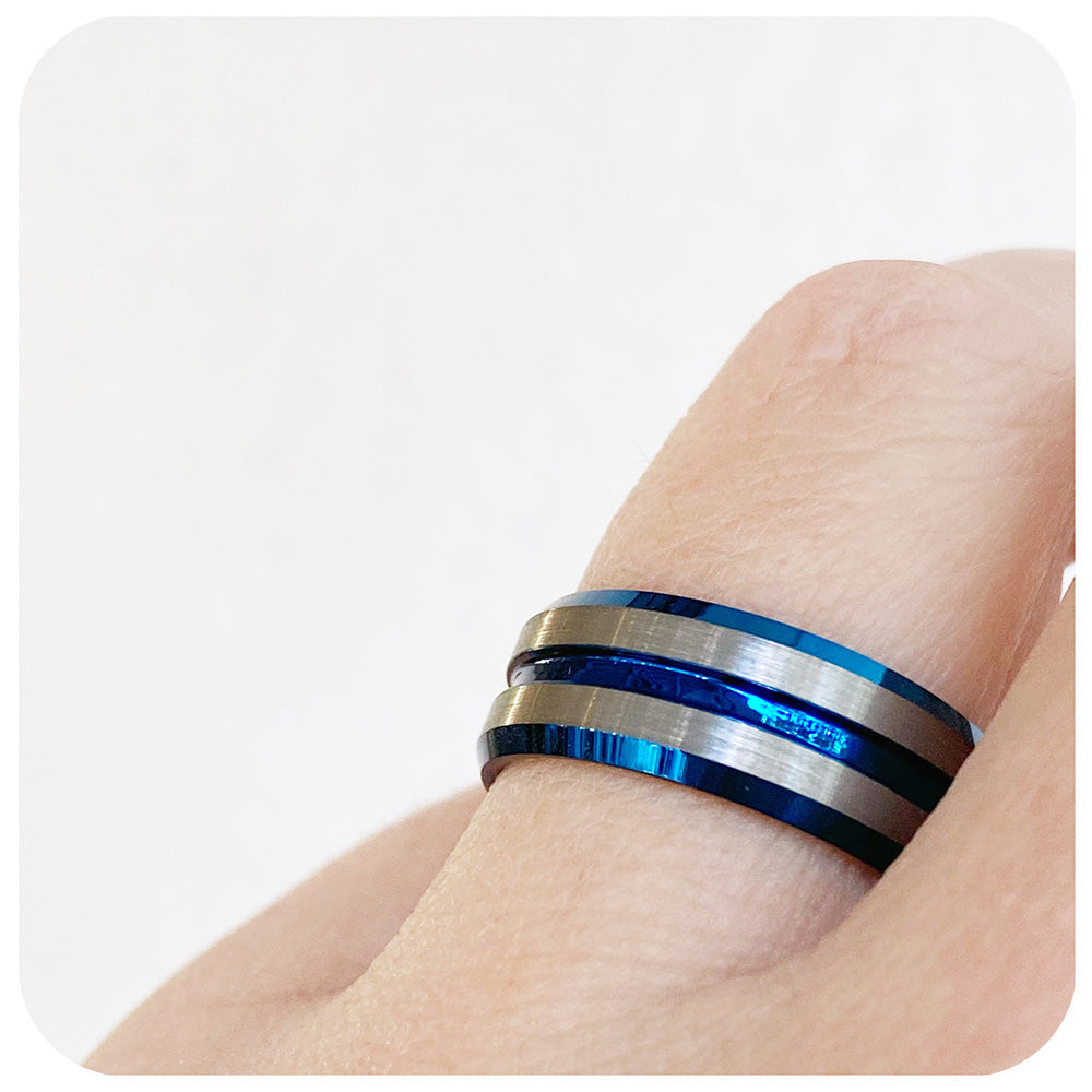 Men’s Electric Blue & Silver Striped Band – Two-Tone Tungsten-Style Statement Ring